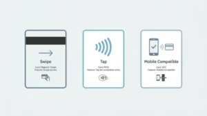 Side-by-side comparison of magnetic stripe, RFID, and NFC key cards with visual indicators