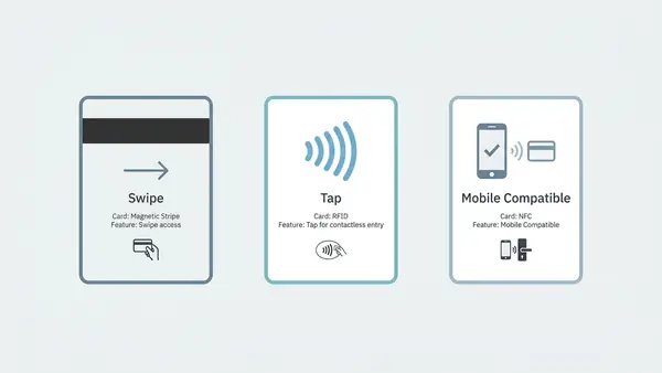 Side-by-side comparison of magnetic stripe, RFID, and NFC key cards with visual indicators