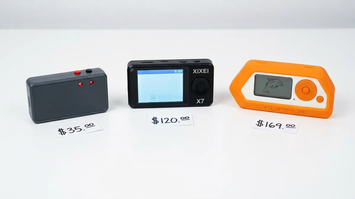 Side-by-side comparison of budget RFID copier, XIXEI X7 and Flipper Zero devices