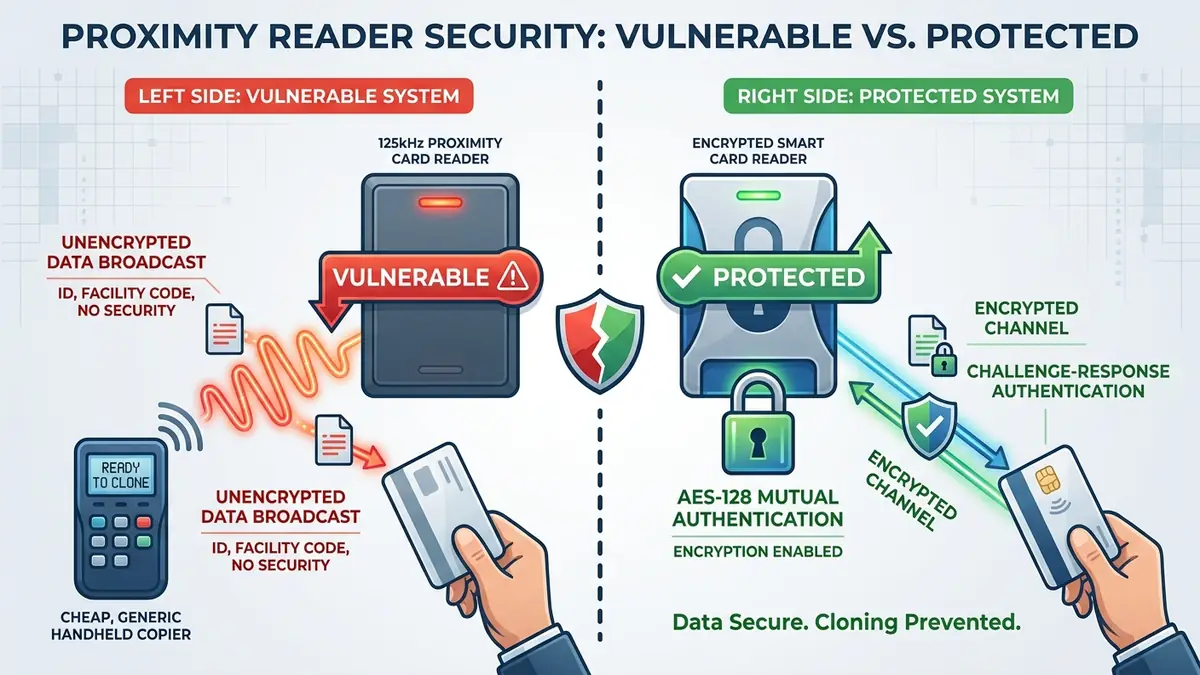 Diagram showing insecure vs secure access control: 125kHz reader labeled vulnerable on left, encrypted card reader with DESFire labeled protected on right