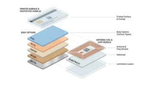 Exploded RFID card structure showing printed overlay, PVC PETG paper wood and metal body layers, antenna coil, chip module, and protective laminate