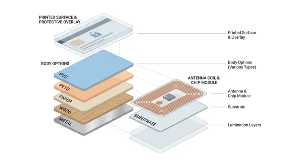 Exploded RFID card structure showing printed overlay, PVC PETG paper wood and metal body layers, antenna coil, chip module, and protective laminate