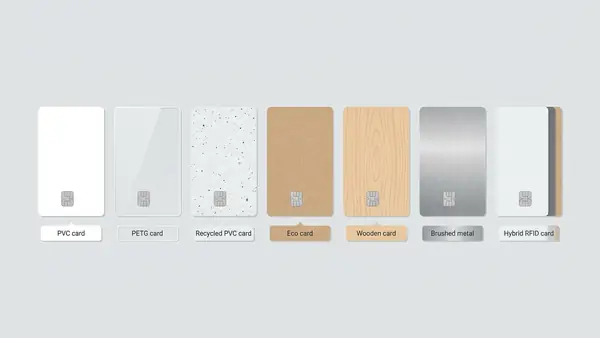 Side by side RFID card material samples including white PVC, clear PETG, recycled card, paper eco card, wooden card, brushed metal card, and hybrid RFID card